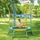 Mini trampoline for kids with safety enclosure net and foam handles in yellow, perfect for indoor and outdoor bouncing.