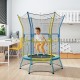 Mini trampoline for kids with safety enclosure net, padded handrails, and vibrant yellow design for indoor bouncing fun.
