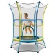 Kids' mini trampoline with safety enclosure net, padded handrails, and vibrant yellow design for secure indoor and.