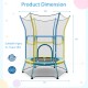 Mini trampoline for kids with safety enclosure net, padded handrails, and dimensions of 66" x 76" for secure bouncing.