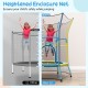 Heightened enclosure net on a mini trampoline for kids, featuring padded handrails and a breathable jumping mat for.