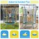 Mini trampoline for kids with safety enclosure net and foam handles, ideal for indoor and outdoor fun and secure.