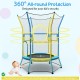 Mini trampoline for kids with safety enclosure net, padded handrails, and curved legs for secure indoor and outdoor.