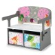 Kids convertible activity bench in gray with adorable patterns and two removable fabric bins for storage and play.