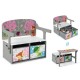 Kids convertible activity bench in gray with removable fabric bins, serving as a bench, table, and storage organizer.