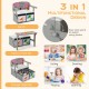 3 in 1 kids convertible activity bench in gray with removable fabric bins, perfect for storage and playtime activities.