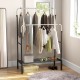 Double rod garment rack in silver with adjustable heights, featuring side rods and a shoe rack for organized storage.