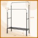 Double rod garment rack in silver with adjustable heights, featuring a shoe rack and sturdy metal frame for stability.