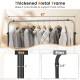 Double rod garment rack with adjustable heights, heavy-duty metal frame, and extra shoe storage for organized clothing.