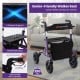 Height adjustable rollator walker in purple with seat, large storage bag, and all-terrain wheels for seniors' mobility.