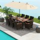 10-piece outdoor dining set featuring a rattan surface, acacia wood tabletop, and a large beige patio umbrella for.