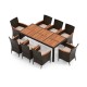 10-piece outdoor dining set featuring acacia wood tabletop, rattan chairs with cushions, and a large patio umbrella for.