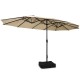 Double-sided 15 feet patio umbrella in beige with a sturdy weighted base, perfect for outdoor dining and relaxation.