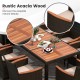 Close-up of the rustic acacia wood tabletop and armrests of a 10-piece outdoor dining set for elegant outdoor dining.