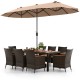 10-piece outdoor dining set featuring a brown rattan surface, acacia wood accents, and a large double-sided patio.