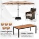 15-foot double-sided patio umbrella with a brown rattan dining set, featuring an acacia wood tabletop and 6 stackable.