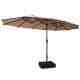 15 feet double-sided patio umbrella in brown with a sturdy base, perfect for outdoor dining and relaxation.