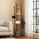 Freestanding wooden coat tree with 3 shelves and 9 hooks, perfect for storing coats and bags in any room.