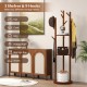 Freestanding wooden coat tree showcasing 3 display shelves and 9 hooks, ideal for organizing hats, bags, and coats.