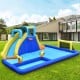 Inflatable water slide with climbing wall, pool, and accessories for outdoor fun in the yard or park.