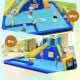 Inflatable 6-in-1 water slide with climbing wall, pool, and accessories for outdoor fun in yard or park.