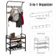 Industrial coat shoe bench with 9 hooks and 3-tier storage shelves, perfect for entryway organization and seating.