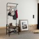Industrial coat shoe bench with 9 hooks and storage shelves, made of durable MDF and metal, ideal for entryway.