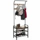 Industrial coat shoe bench entryway shelf with 9 hooks, sturdy metal frame, and wooden storage for coats and shoes.