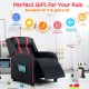 Kids recliner chair in red with footrest and side pockets, designed for comfort and stability, perfect for ages 3-12.