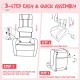 Kids recliner chair assembly steps showing brackets, side ears, and plastic legs for easy setup and stability.