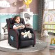 Kids recliner chair in red with side pockets and footrest, designed for comfort and stability in a playroom setting.