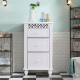 White wooden floor cabinet with three drawers and carved design, ideal for bathroom or living room storage.