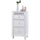 White floor cabinet with three drawers and carved design, ideal for bathroom or living room storage and decor.