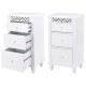 Close-up view of the carved design on a white floor cabinet with three drawers, perfect for stylish storage solutions.