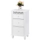 White wooden floor cabinet with three drawers and carved design, perfect for bathroom or living room storage.