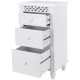 White wooden cabinet with three drawers, featuring a decorative carved design, perfect for stylish organization in any.