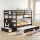 Twin over twin bunk bed in espresso with storage shelf and rolling drawer, perfect for children's rooms.