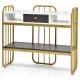 Faux marble console table with drawer and open shelves, featuring a sturdy metal frame for versatile storage solutions.