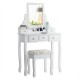 White makeup dressing vanity set with 5 drawers, padded stool, and a rotating mirror for a stylish and functional setup.