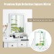 Square mirror with 360° rotation on a white vanity set, featuring 5 drawers and a comfortable padded stool for makeup.