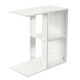 Narrow 3-tier side table in white with open storage shelf, perfect for remote controls and books in any room.