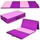 Folding gymnastics mat in pink and purple, 4' x 8', showcasing a foldable design with zippered cover for easy cleaning.