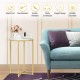 Round X-shaped side table with faux marble top, golden metal frame, waterproof surface, ideal for compact spaces.
