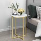 Round side table with faux marble top, golden metal frame, ideal for compact living spaces and easy cleaning.
