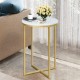 Round side table with faux marble top and golden metal frame, perfect for living room or small spaces.