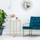 Round X-shaped side table with faux marble top and golden metal frame, perfect for living room or bedroom decor.