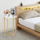 Round side table with faux marble top and golden metal legs, ideal for bedroom or living room decor.