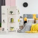 4 panel folding room divider screen in white with adjustable shelves, ideal for flexible space division and stylish.