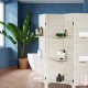 4 panel folding room divider in white with three shelves, featuring a classic shutter design for stylish privacy in any.