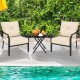 Two padded outdoor chairs with armrests and a steel frame, perfect for patio relaxation and dining.